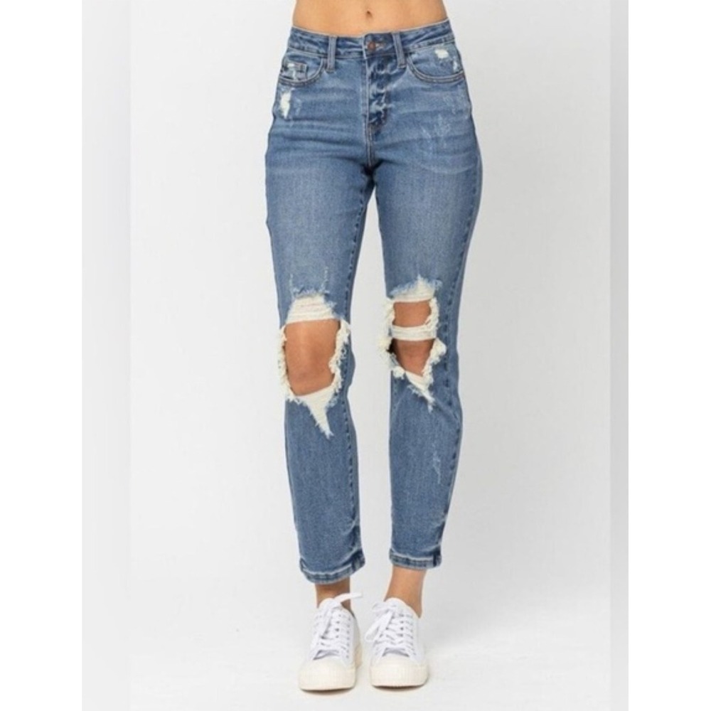 Judy Blue High Rise Boyfriend Jeans 7/28 Distressed Shredded Denim JB88196 Blue
